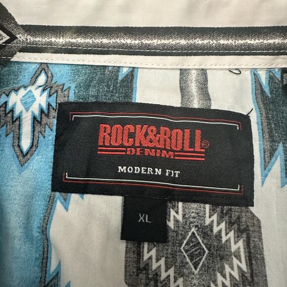 Rock & Roll Cowboy Shirt Mens XL Blue Black White Aztec Pearl Snap Western Retro - Picture 6 of 12